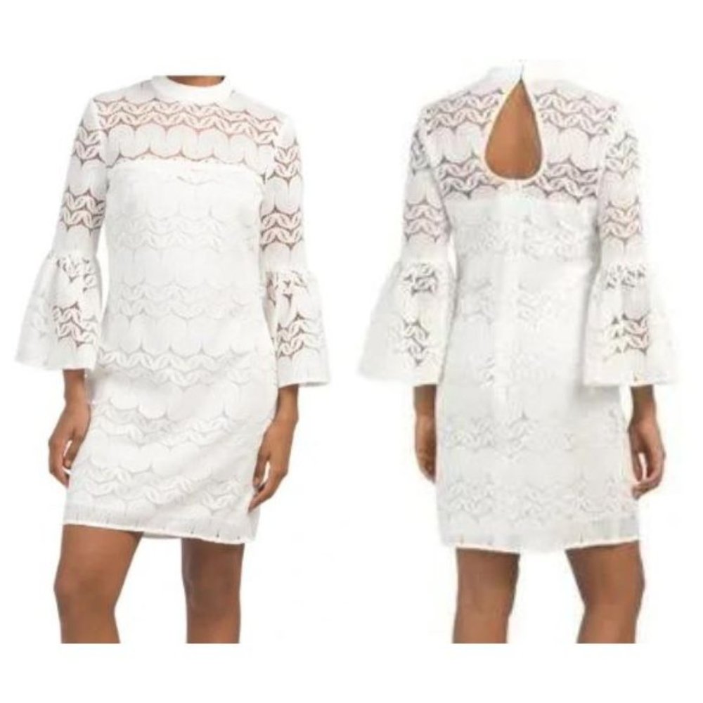 NWT TRINA TURK White Lace Cocktail Dress Bell Sleeve Mini Dress Sizes 6/8/10